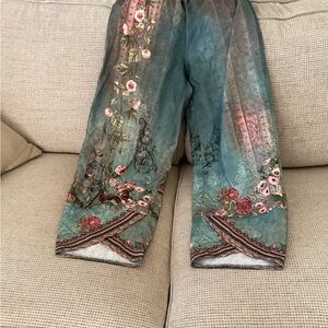 SHEIN Floral Patterned Wide-Leg Pants - Teal and Pink